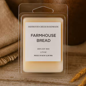 wax melt with a label that says Farmhouse Bread Soy Wax Melt