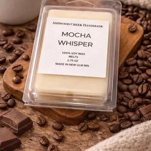 Wax Melt labels says Mocha Whisper Soy Wax Melt