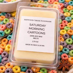 Wax Melt label says Saturday Morning Cartoons Wax Melts