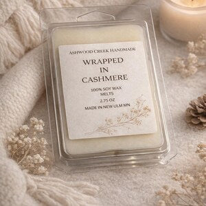 Wax Melt label says Wrapped in Cashmere Wax Melts 